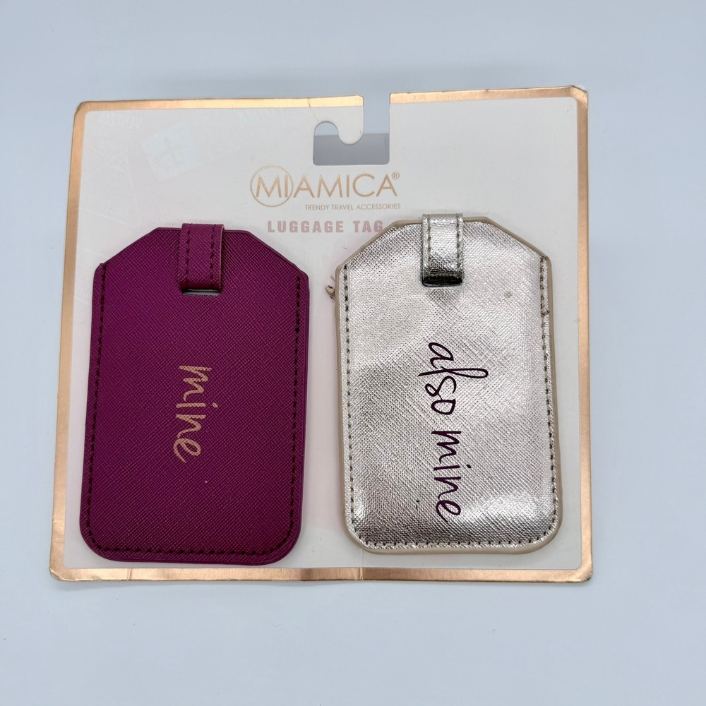 Miamica Mine Also Mine Luggage Tag Set Women Faux Leather Purple Silver 2 Pack
